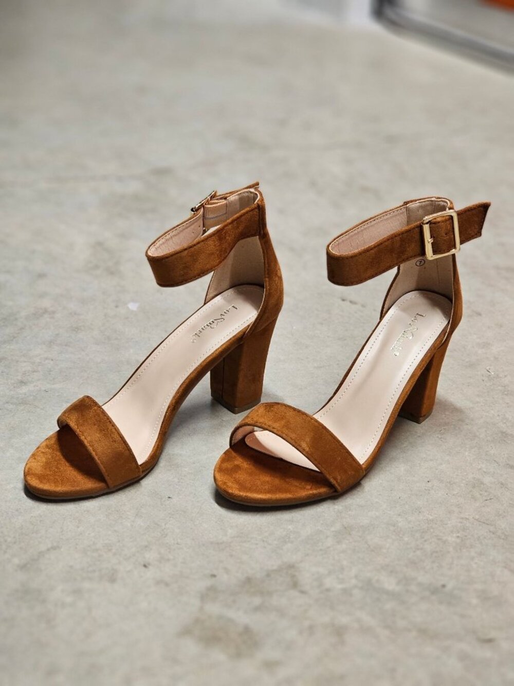 Tan Faux Suede Block Heel Sandals With Adjustable Ankle Strap Open Toe Design Wo - Picture 14 of 14